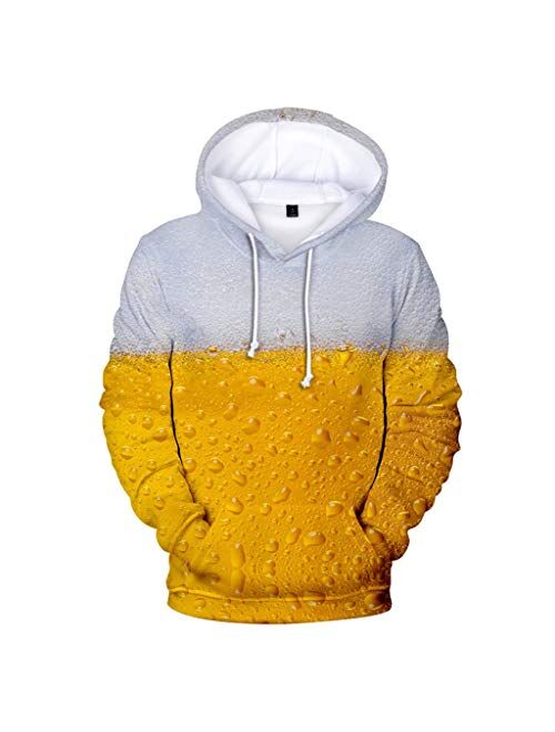 Men's Hoodie Casual Long Sleeve Hooded Pullover 3D Beer Printing Drawstring Sweatshirt