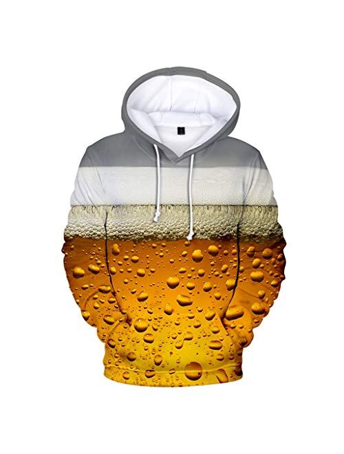 Men's Hoodie Casual Long Sleeve Hooded Pullover 3D Beer Printing Drawstring Sweatshirt