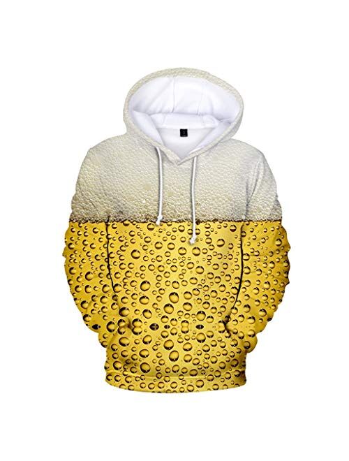 Men's Hoodie Casual Long Sleeve Hooded Pullover 3D Beer Printing Drawstring Sweatshirt