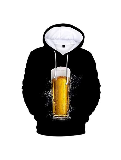 Men's Hoodie Casual Long Sleeve Hooded Pullover 3D Beer Printing Drawstring Sweatshirt