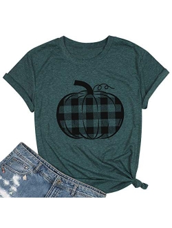 Pumpkin Shirt Women Halloween Buffalo Plaid Pumpkin Tee T Shirts Blouse