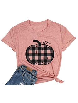 Pumpkin Shirt Women Halloween Buffalo Plaid Pumpkin Tee T Shirts Blouse