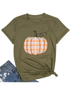 Pumpkin Shirt Women Halloween Buffalo Plaid Pumpkin Tee T Shirts Blouse