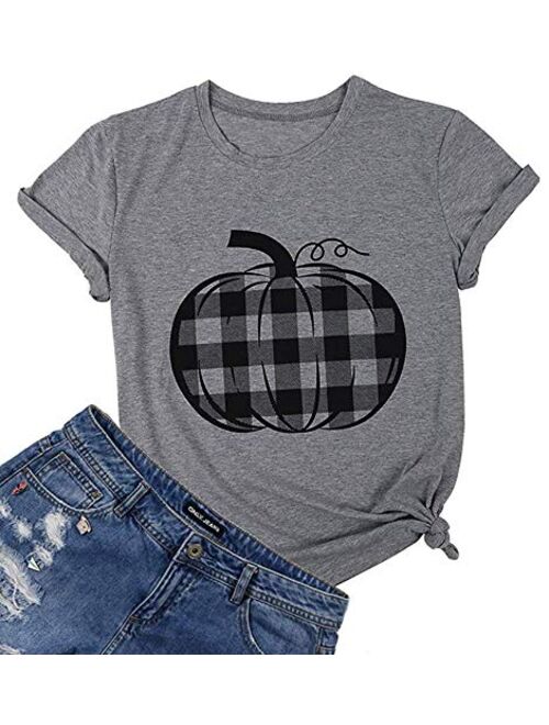 Pumpkin Shirt Women Halloween Buffalo Plaid Pumpkin Tee T Shirts Blouse