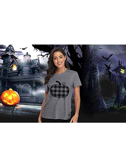 Pumpkin Shirt Women Halloween Buffalo Plaid Pumpkin Tee T Shirts Blouse