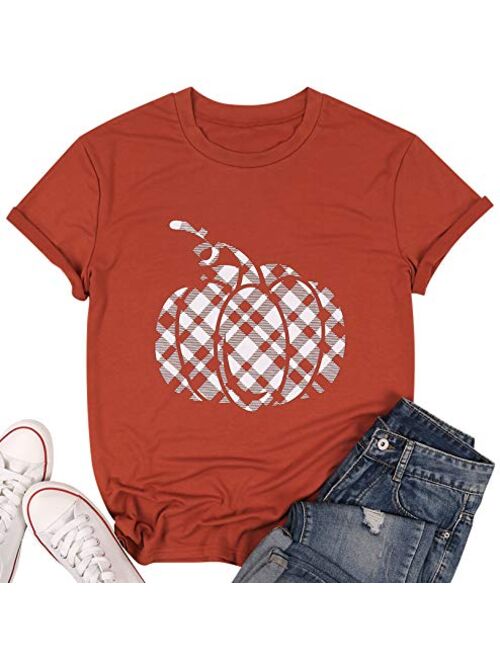 Pumpkin Shirt Women Halloween Buffalo Plaid Pumpkin Tee T Shirts Blouse