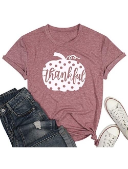 EGELEXY Thankful Halloween Print T Shirt Women Funny Polka Dot Pumpkin Graphic Tee Fall Thanksgiving Thankful Shirt