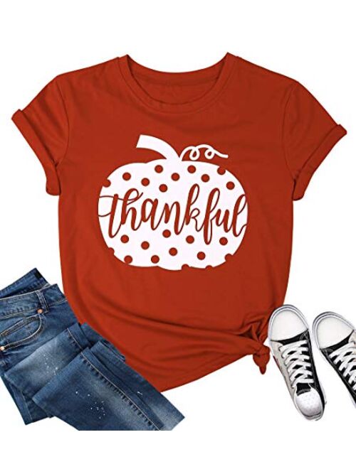 EGELEXY Thankful Halloween Print T Shirt Women Funny Polka Dot Pumpkin Graphic Tee Fall Thanksgiving Thankful Shirt