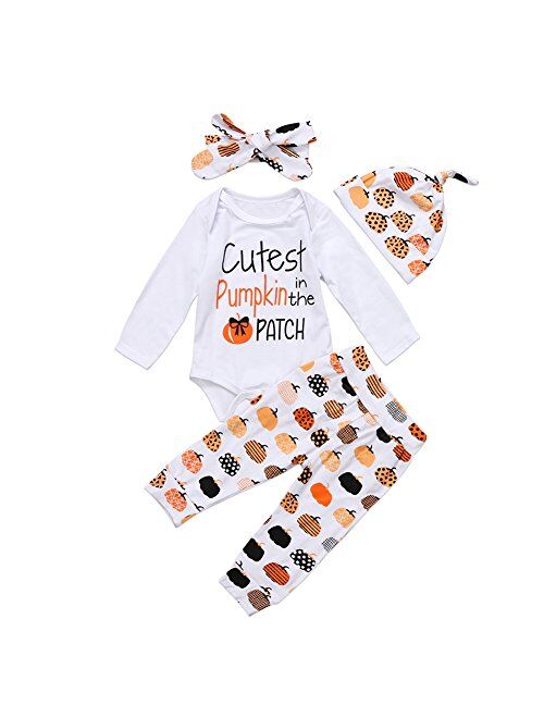 Bigger Store 3Pcs Cute Infant Baby Girl Boy Halloween Clothes Pumpkin Romper with Hat and Long Pants Outfits Set