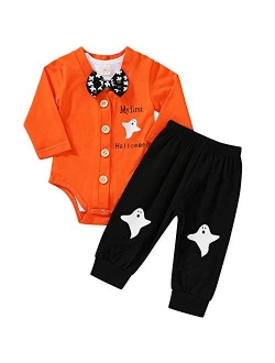 4Pcs Baby Girls My 1st Halloween Thanksgiving Outfits Pumpkin Print Romper+Bow Tutu Dress+Headband+Leg Warmers Skirt Set