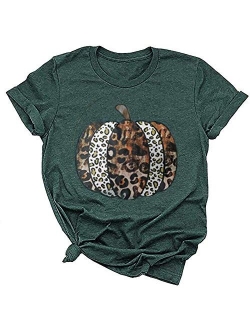 Woffccrd Womens Funny Leopard Pumpkin Printed Shirts Halloween Short Sleeve Graphic Tees Fall T-Shirts Tops