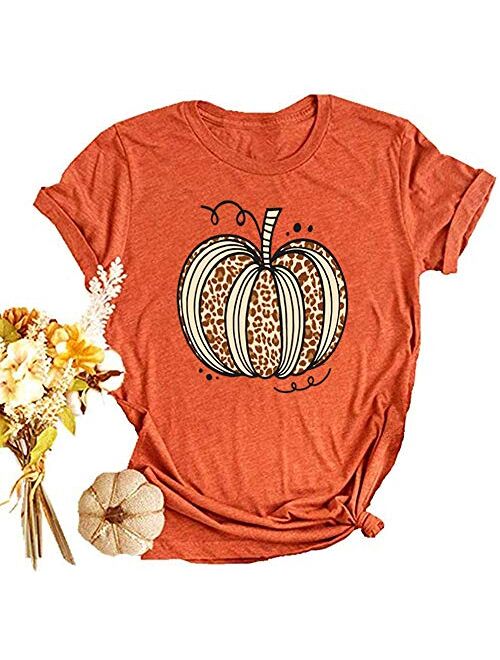 Woffccrd Womens Funny Leopard Pumpkin Printed Shirts Halloween Short Sleeve Graphic Tees Fall T-Shirts Tops