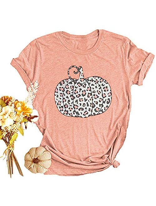 Woffccrd Womens Funny Leopard Pumpkin Printed Shirts Halloween Short Sleeve Graphic Tees Fall T-Shirts Tops