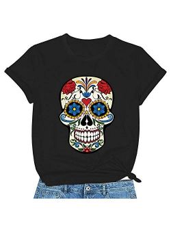 Women's Sugar Skull Flower Funny Graphic Tee Shirts, Halloween Cute T-Shirts