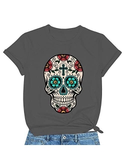 Women's Sugar Skull Flower Funny Graphic Tee Shirts, Halloween Cute T-Shirts