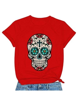 Women's Sugar Skull Flower Funny Graphic Tee Shirts, Halloween Cute T-Shirts