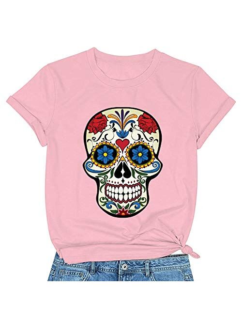 Women's Sugar Skull Flower Funny Graphic Tee Shirts, Halloween Cute T-Shirts