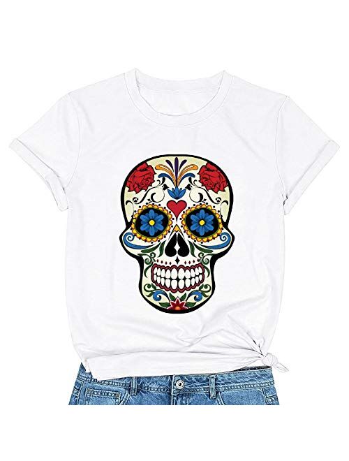 Women's Sugar Skull Flower Funny Graphic Tee Shirts, Halloween Cute T-Shirts