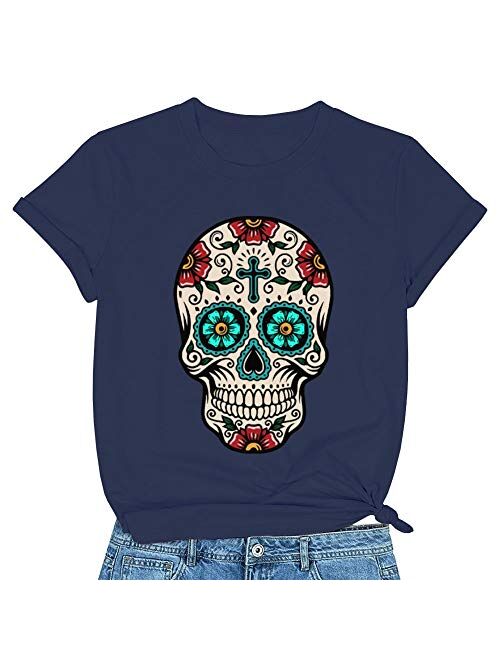 Women's Sugar Skull Flower Funny Graphic Tee Shirts, Halloween Cute T-Shirts