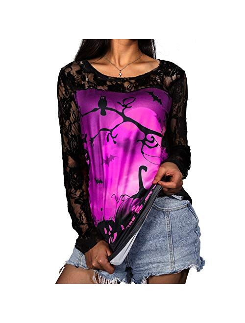 Women Halloween Shirt Long Sleeve Lace Patchwork Pumpkin Blouse for Halloween Party Costume