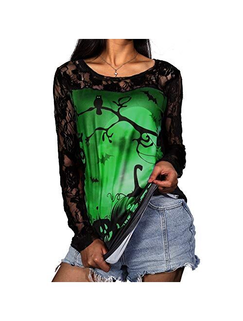 Women Halloween Shirt Long Sleeve Lace Patchwork Pumpkin Blouse for Halloween Party Costume