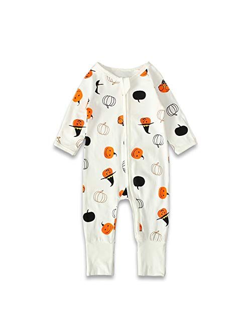 Baby Boys Girls Halloween One-Piece Long Sleeve Jumpsuit Dress Pumpkin Ghost Printed Pajama Outfits