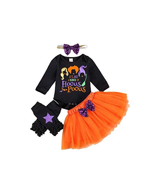 Halloween Outfits Newborn Baby Cute Ghost Romper Pumpkin Bodysuit Tulle Tutu Skirt Leg Warmer with Headband 4Pcs Clothes Set