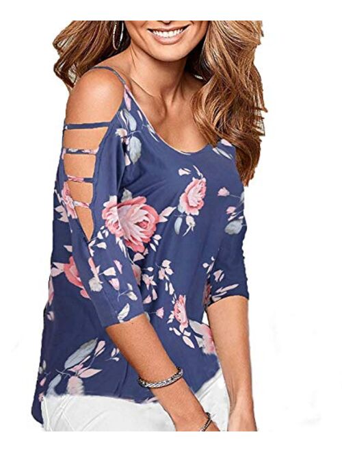 Roshop Women's Loose Hollowed Out Shoulder Floral Print BlouseTops