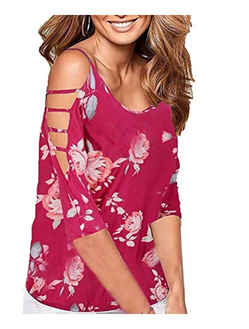 Roshop Women's Loose Hollowed Out Shoulder Floral Print BlouseTops