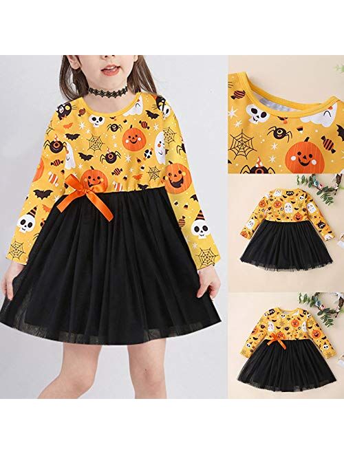 Baby Girls Halloween Outfit Pumpkin Skull Pattern Long Sleeve Knee Length Tulle Layered Dress Summer Autumn Party Skirt