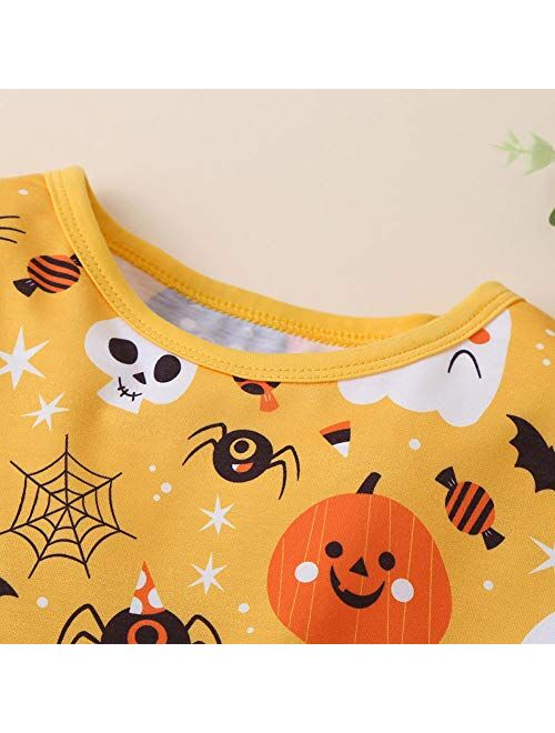 Baby Girls Halloween Outfit Pumpkin Skull Pattern Long Sleeve Knee Length Tulle Layered Dress Summer Autumn Party Skirt