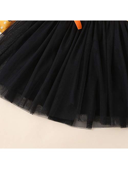 Baby Girls Halloween Outfit Pumpkin Skull Pattern Long Sleeve Knee Length Tulle Layered Dress Summer Autumn Party Skirt