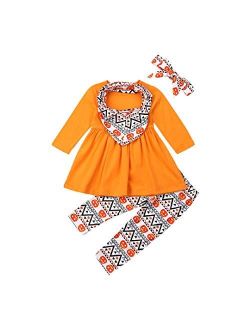 2Pcs Toddler Kids Baby Girls Halloween Outfit Yellow Dress Tops Shirts Pumpkin Long Pants Scarf Headband Clothes Set 1-7T