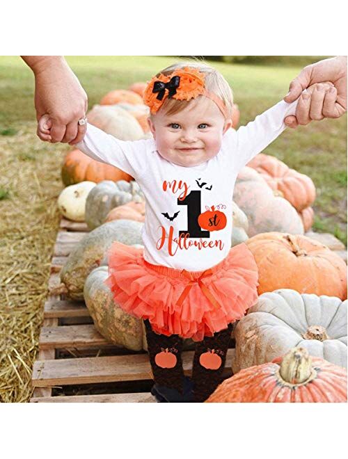 Baby Girl My 1st Halloween Outfits Long Sleeve Pumpkin Romper+Tutu Skirt+Headbands 4PCS Clothes Set