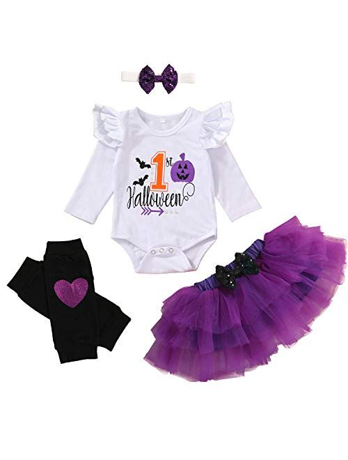 Baby Girl My 1st Halloween Outfits Long Sleeve Pumpkin Romper+Tutu Skirt+Headbands 4PCS Clothes Set