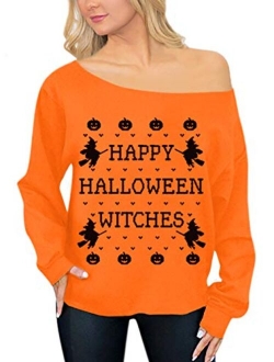 Spadehill Halloween Womens Skeleton Pumpkin Long Sleeve Off Shoulder Tops