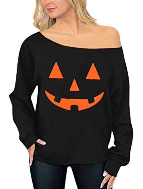 Spadehill Halloween Womens Skeleton Pumpkin Long Sleeve Off Shoulder Tops