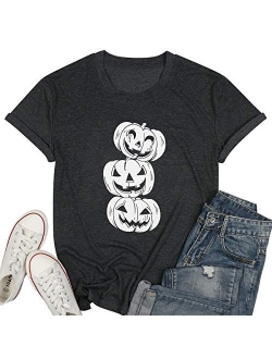 MYHALF Halloween Pumpkin Shirt, Women Three Jack O Lantern Print T-Shirt Costume Funny Tee Graphic Top