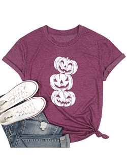 MYHALF Halloween Pumpkin Shirt, Women Three Jack O Lantern Print T-Shirt Costume Funny Tee Graphic Top