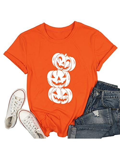 MYHALF Halloween Pumpkin Shirt, Women Three Jack O Lantern Print T-Shirt Costume Funny Tee Graphic Top