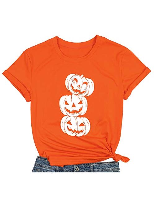 MYHALF Halloween Pumpkin Shirt, Women Three Jack O Lantern Print T-Shirt Costume Funny Tee Graphic Top