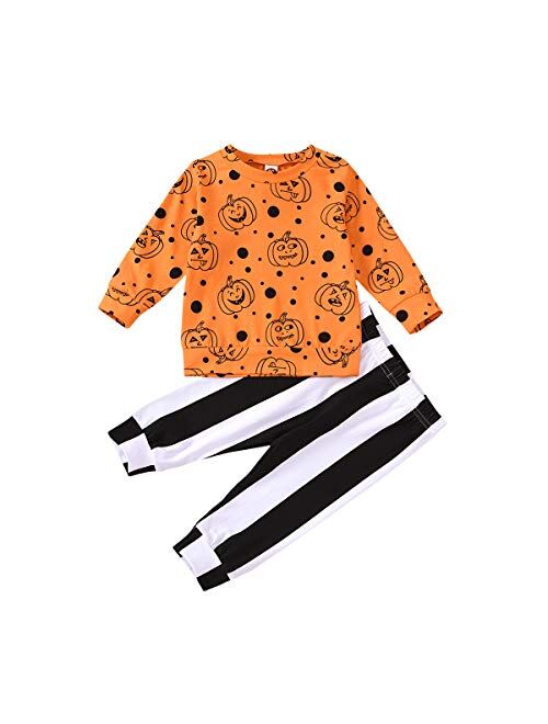 2Pcs Toddler Baby Girl Halloween Clothes Pumpkin Unicorn Long Sleeve Tops Striped Legging Pants Pajama Set