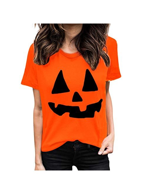 Pinkiwine Halloween Pumpkin Shirts Jack O' Lantern Pumpkin T-Shirt Fun Top Plus Size Costume for Women Girls