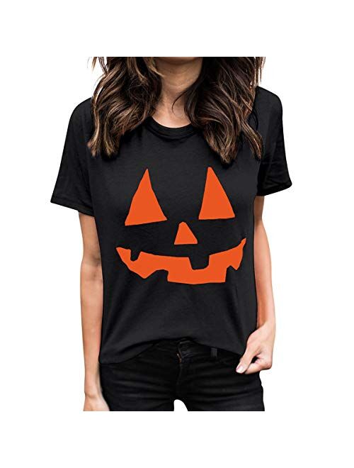 Pinkiwine Halloween Pumpkin Shirts Jack O' Lantern Pumpkin T-Shirt Fun Top Plus Size Costume for Women Girls