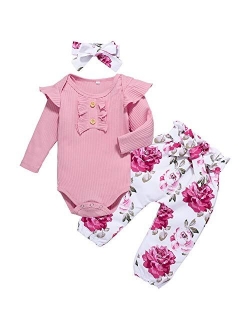 Newborn Baby Girl Clothes Set Floral Ruffled Sleeve Jumpsuit Pants Headband Vest Set Toddler Outfits Infant Romper