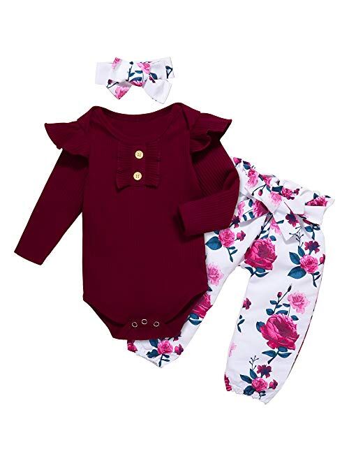 Newborn Baby Girl Clothes Set Floral Ruffled Sleeve Jumpsuit Pants Headband Vest Set Toddler Outfits Infant Romper