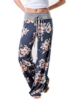 WFTBDREAM Women's Floral Printed High Waist Drawstring Wide Leg Palazzo Lounge Pants