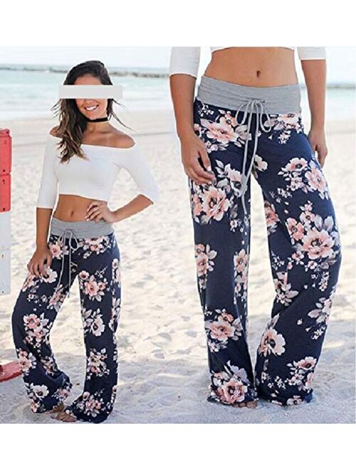 WFTBDREAM Women's Floral Printed High Waist Drawstring Wide Leg Palazzo Lounge Pants