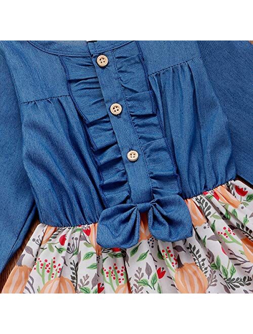 Infant Toddler Baby Girls Halloween Dress Ruffled Button Pumpkin Printed Bowknot Long Sleeve Denim Fall Skirt