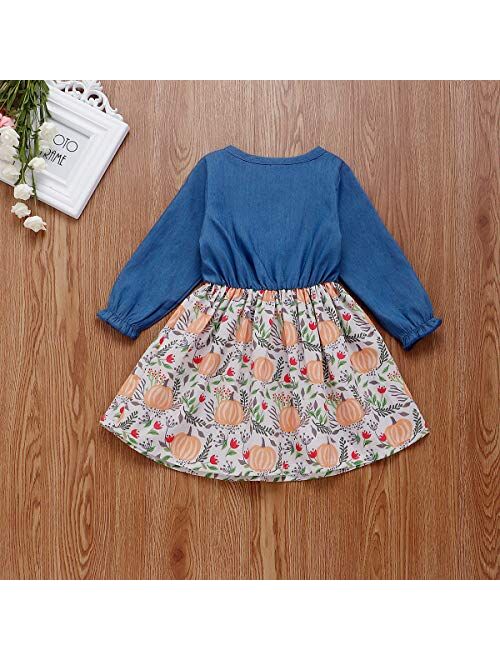 Infant Toddler Baby Girls Halloween Dress Ruffled Button Pumpkin Printed Bowknot Long Sleeve Denim Fall Skirt